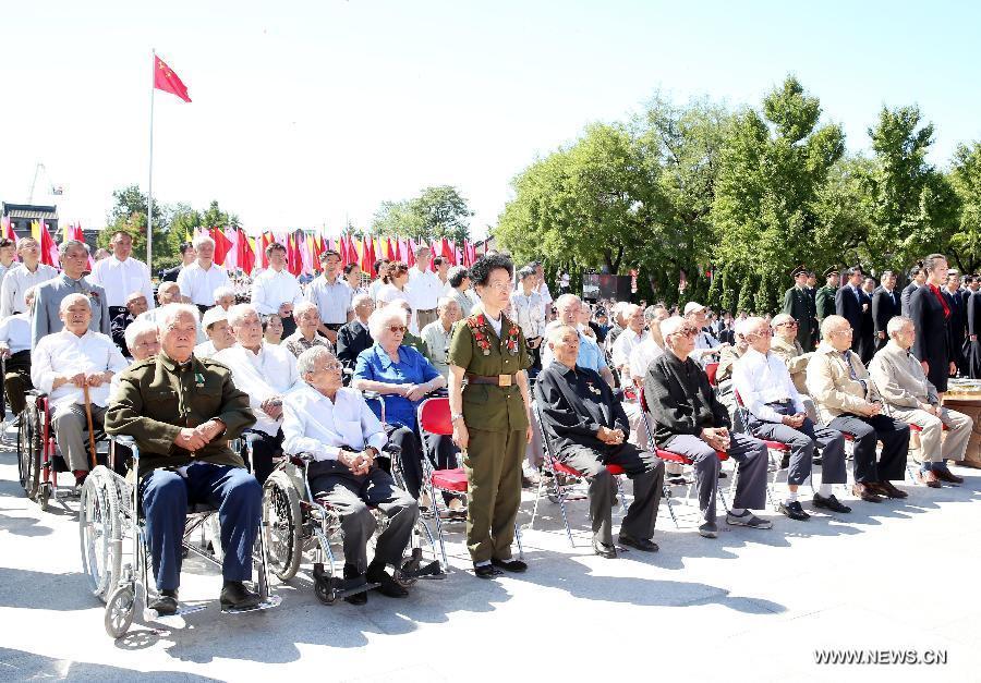 Veterans attend a ceremony to mark the 69th anniversary of the Victory Day in the Anti-Japanese War at the Museum of the War of the Chinese People's Resistance Against Japanese Aggression in Beijing, capital of China, Sept. 3, 2014.