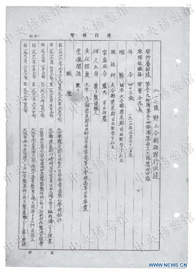 Photo released on Sept. 8, 2015 by the State Archives Administration of China (SAA) on its website shows an excerpt from Japanese war criminal Kesao Nogami's written confession. Born in Japan in 1912, Nogami joined the Japanese invasion in 1937 and was captured in August 1945.