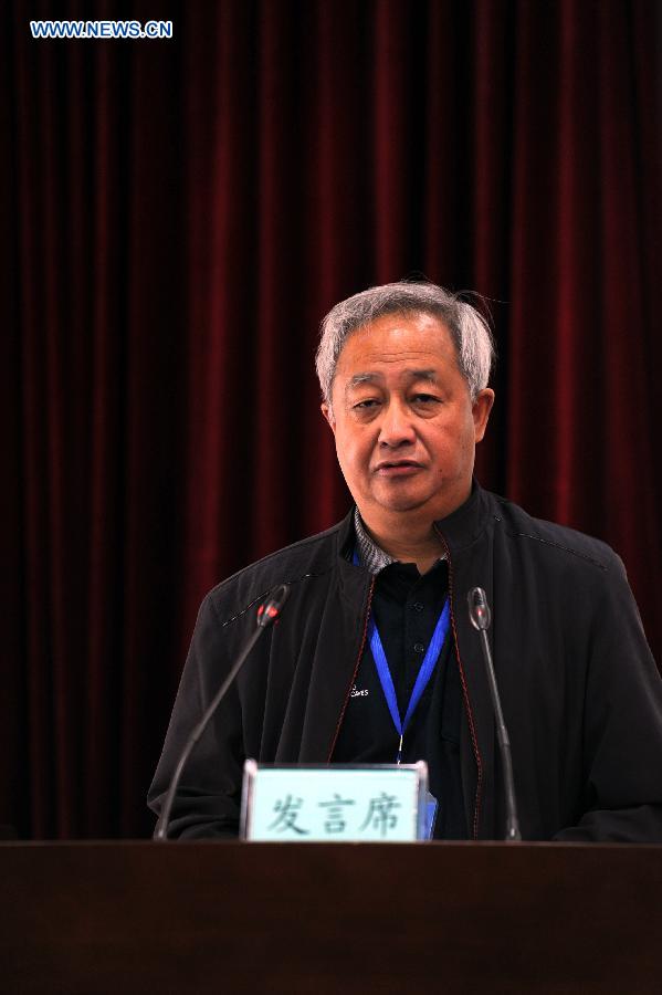 Li Zhiping, a professor of Harbin Medical University speaks at an international symposium on the war crime of Japanese Army Unit 731 in Harbin City, the seat of former headquarters of Unit 731, northeast China's Heilongjiang Province, Sept. 24, 2015. 